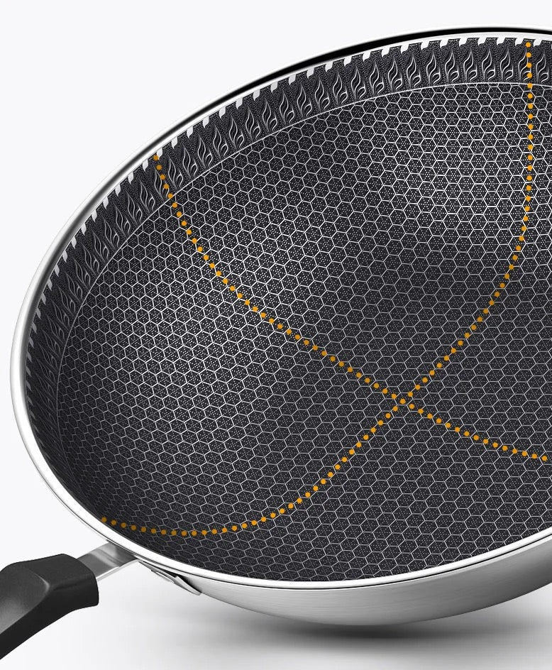 INNOVATIVE 12.5“/32 cm 316L Stainless Steel Honeycomb Texture Pattern Non-Stick Coating Kitchenware Wok with Glass Lid, With Bamboo Spatula Side Handle -Scratch-resistant Raised-up Honeycomb Fire Textured Pattern