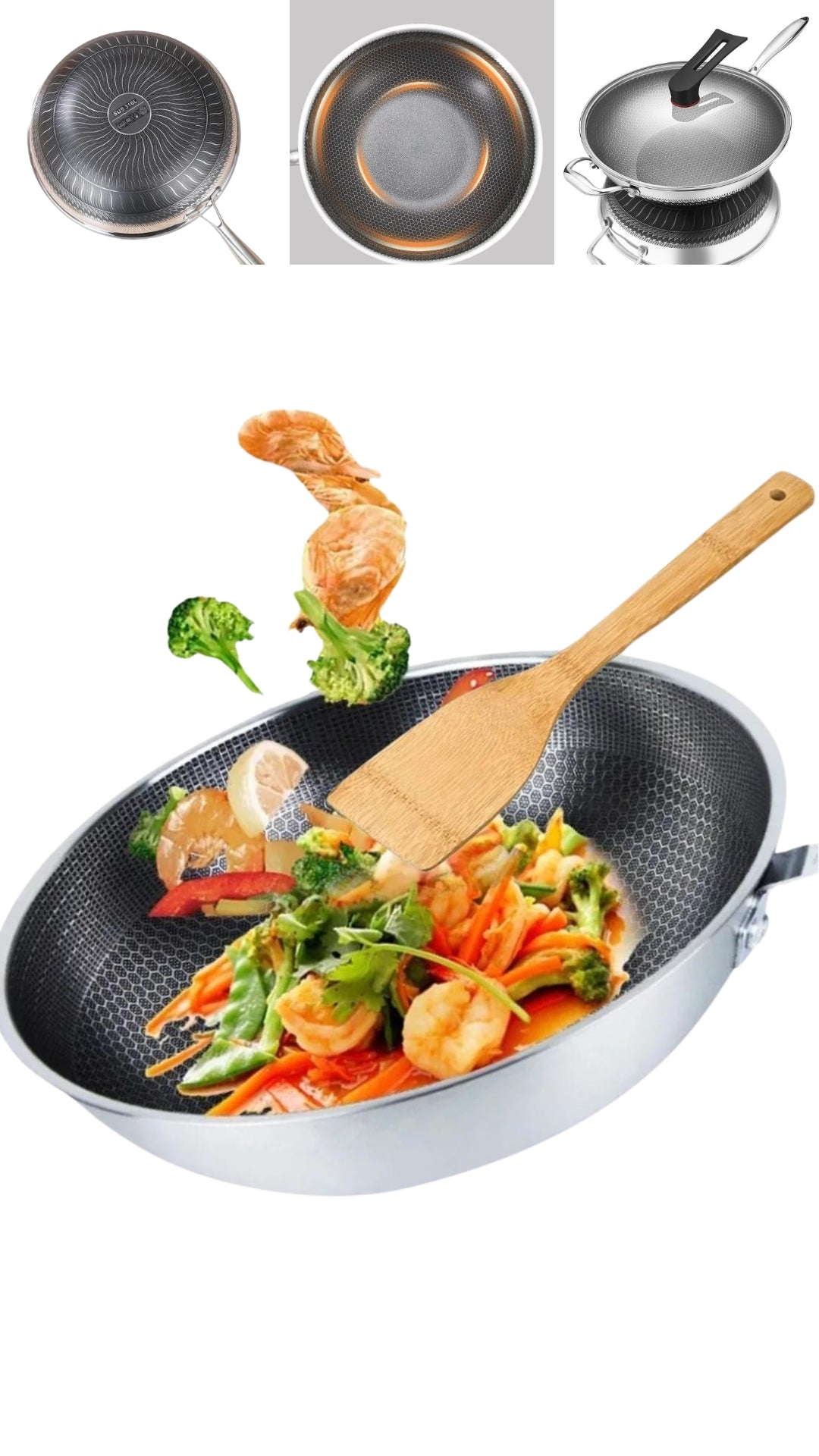 INNOVATIVE 12.5“/32 cm 316L Stainless Steel Honeycomb Texture Pattern Non-Stick Coating Kitchenware Wok with Glass Lid, With Bamboo Spatula Side Handle -Scratch-resistant Raised-up Honeycomb Fire Textured Pattern