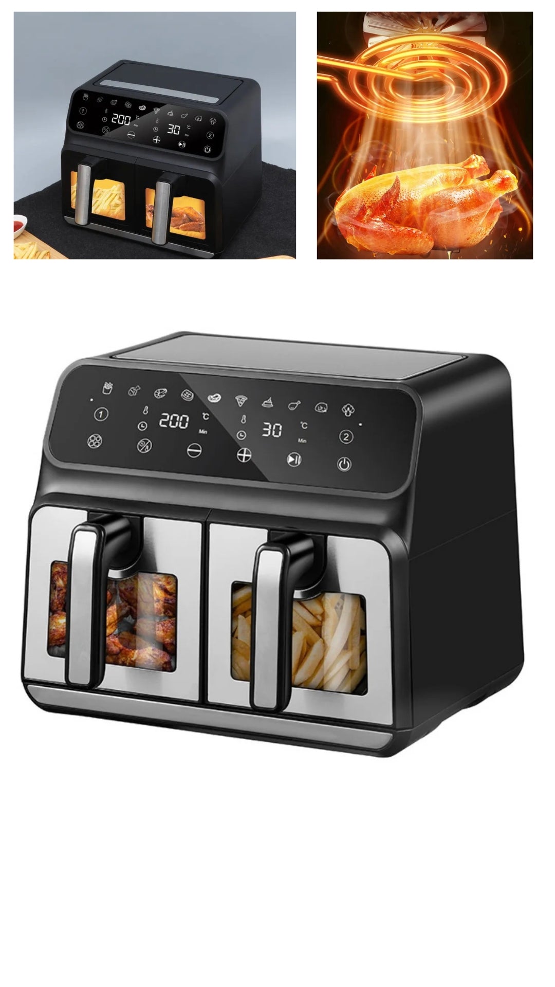 INNOVATIVE 12 Quart 6-in-1 DualZone 2-Basket Air Fryer with 2 Independent Thermometer Frying Steel Window Baskets, Match Cook & Smart Finish to Roast, Broil, Dehydrate & More for Quick, Easy Meals, Grey (1700w, Black)