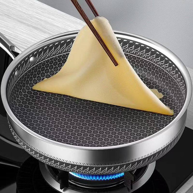 INNOVATIVE 11/28cm 316L Stainless Steel Honeycomb Texture Pattern Non-Stick Coating Kitchenware Wok with Glass Lid, With Bamboo Spatula Side Handle -Scratch-resistant Raised-up Honeycomb Fire Textured Pattern