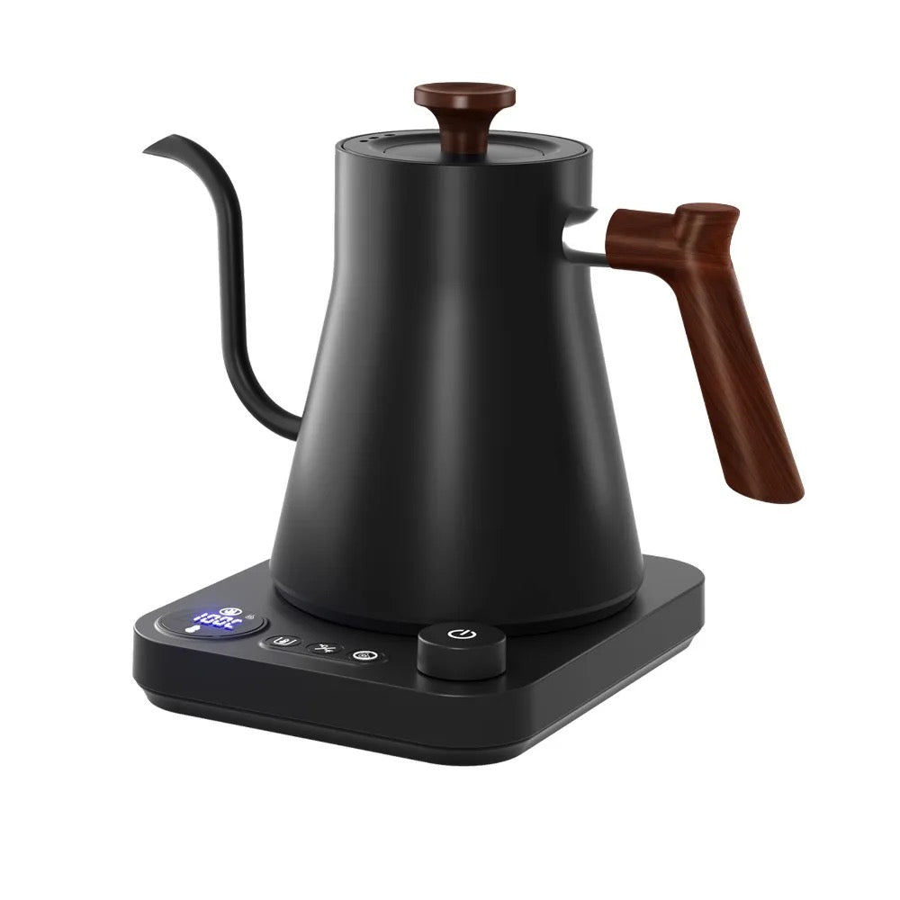 INNOVATIVE Pro Studio Electric Gooseneck Kettle - Pour-Over Coffee and Tea Pot, Stainless Steel, Quick Heating, Matte Black Ultra-precise Temperature Control Knob with Walnut Wood and Dial Handle ±1℉ Temperature Control, 33oz/1 Litre