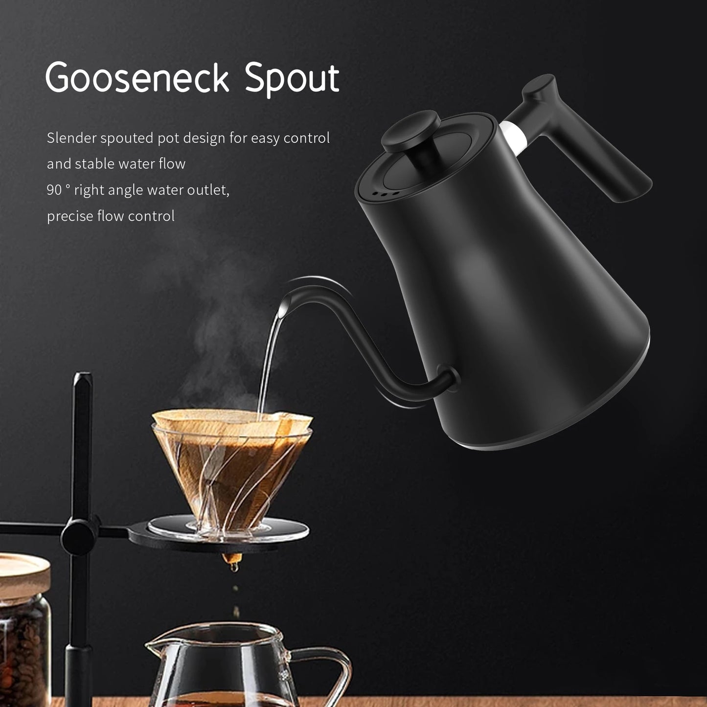 INNOVATIVE Pro Studio Electric Gooseneck Kettle - Pour-Over Coffee and Tea Pot, Stainless Steel, Quick Heating, Matte Black Ultra-precise Temperature Control Knob with Walnut Wood and Dial Handle ±1℉ Temperature Control, 33oz/1 Litre