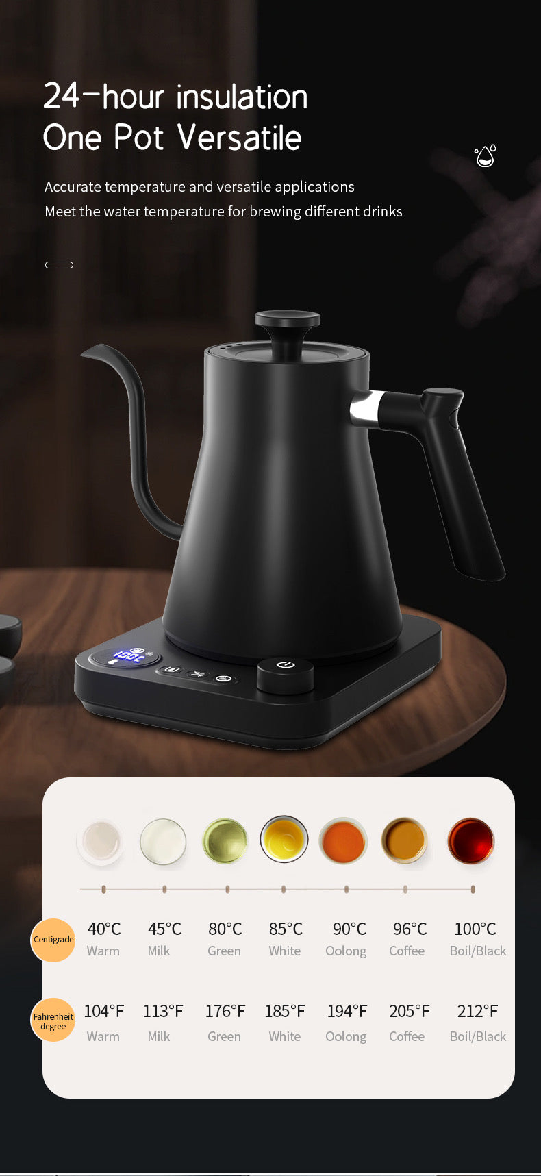 INNOVATIVE Pro Studio Electric Gooseneck Kettle - Pour-Over Coffee and Tea Pot, Stainless Steel, Quick Heating, Matte Black Ultra-precise Temperature Control Knob with Walnut Wood and Dial Handle ±1℉ Temperature Control, 33oz/1 Litre